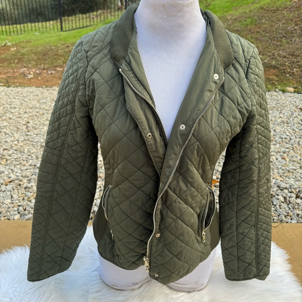 New York & Company Army Green Quilted Bomber Jacket Medium